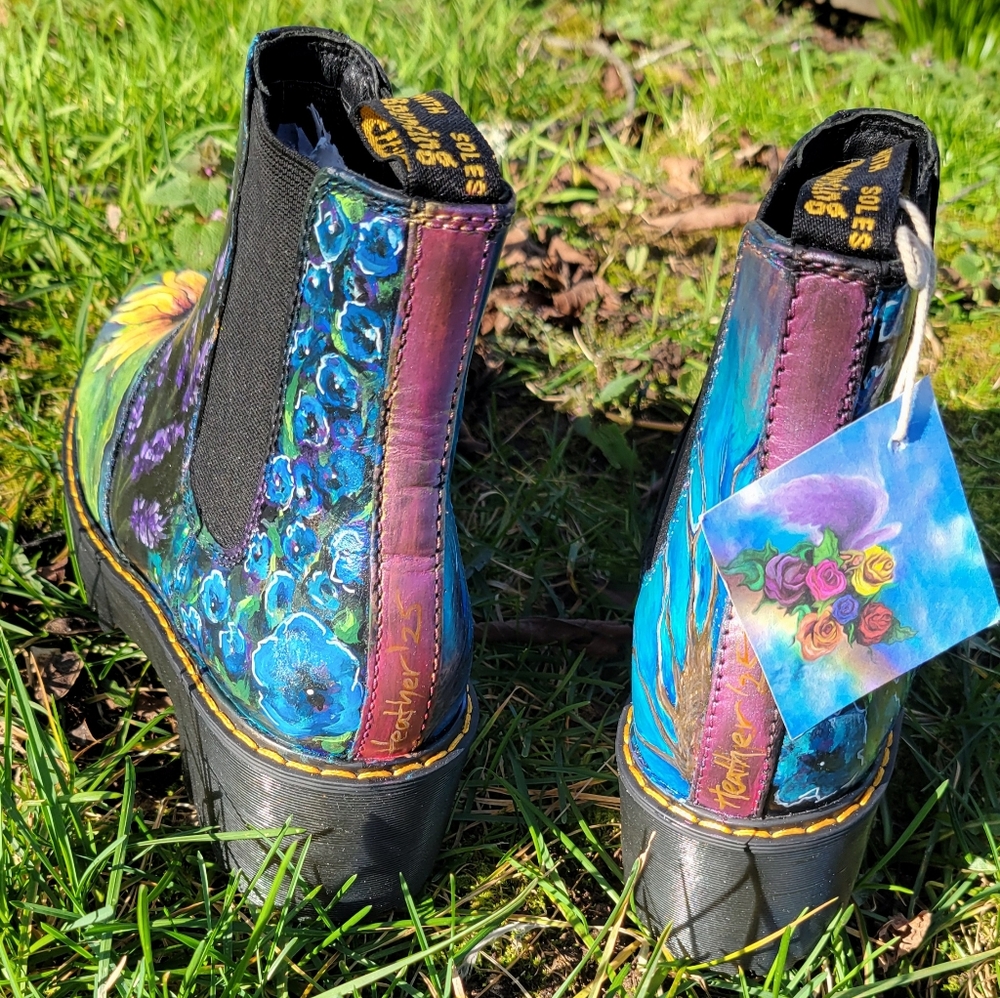 Handpainted Doc Marten Chelsea Platform Boots Sunflower Design One of a Kind! - Picture 9 of 16